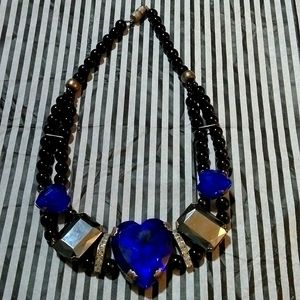 Blue Crystal and Onyx bead statement necklace. Strong Steel, High Quality Piece